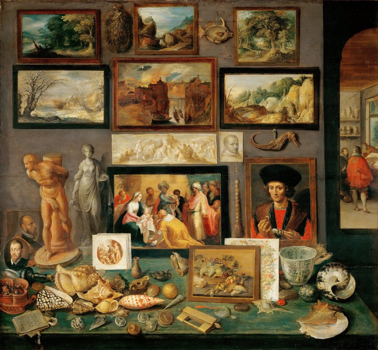 Le cabinet de curiosites - O Gabinete do Colecionador (Gabinetes de curiosidades) - Frans Francken, a Jovem (1581-1642). Óleo sobre madeira, ca. 1620-1625. Dimensão : 74x78 cm. Museu de História de Arte, Vienne de Frans II Francken