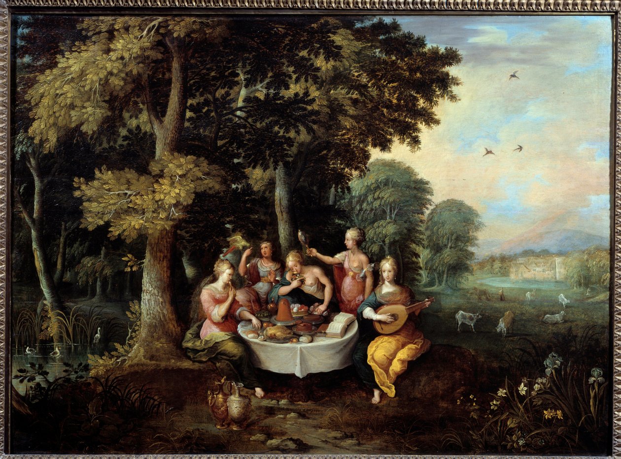 Os cinco sentidos mulheres jovens numa paisagem com banquete (gosto), música (ouvir), espelho (ver), bouquet de flores (cheiro) e carinho (toque). Pintura de Franz (Frans) Francken II le Jeune (1581-1642) (ec.flam.) Sol do século XVII. 0,65x0,9 m Toulouse, de Frans II Francken