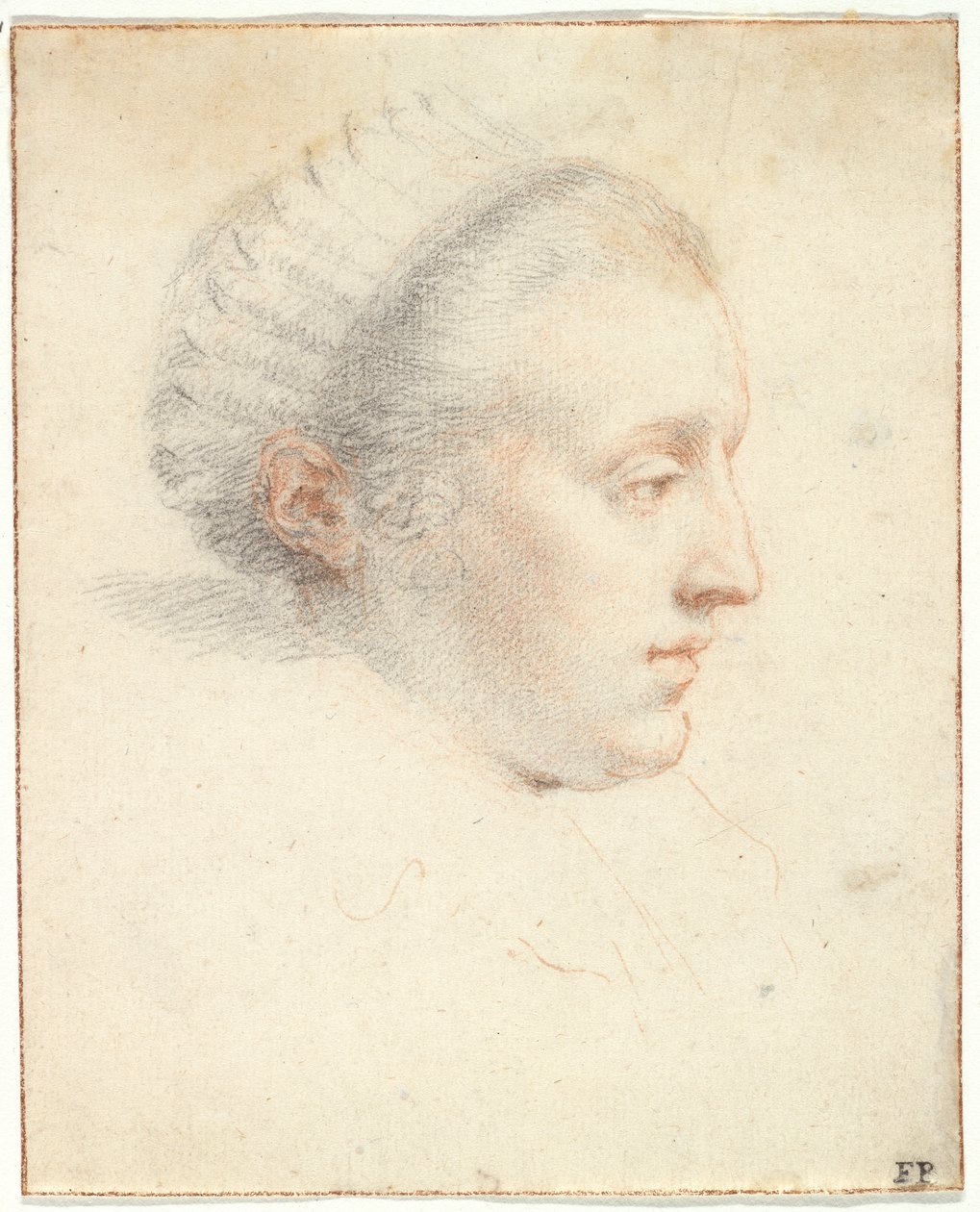 Retrato de perfil de uma senhora (giz preto & vermelho com guache sobre papel) de Frans II Pourbus