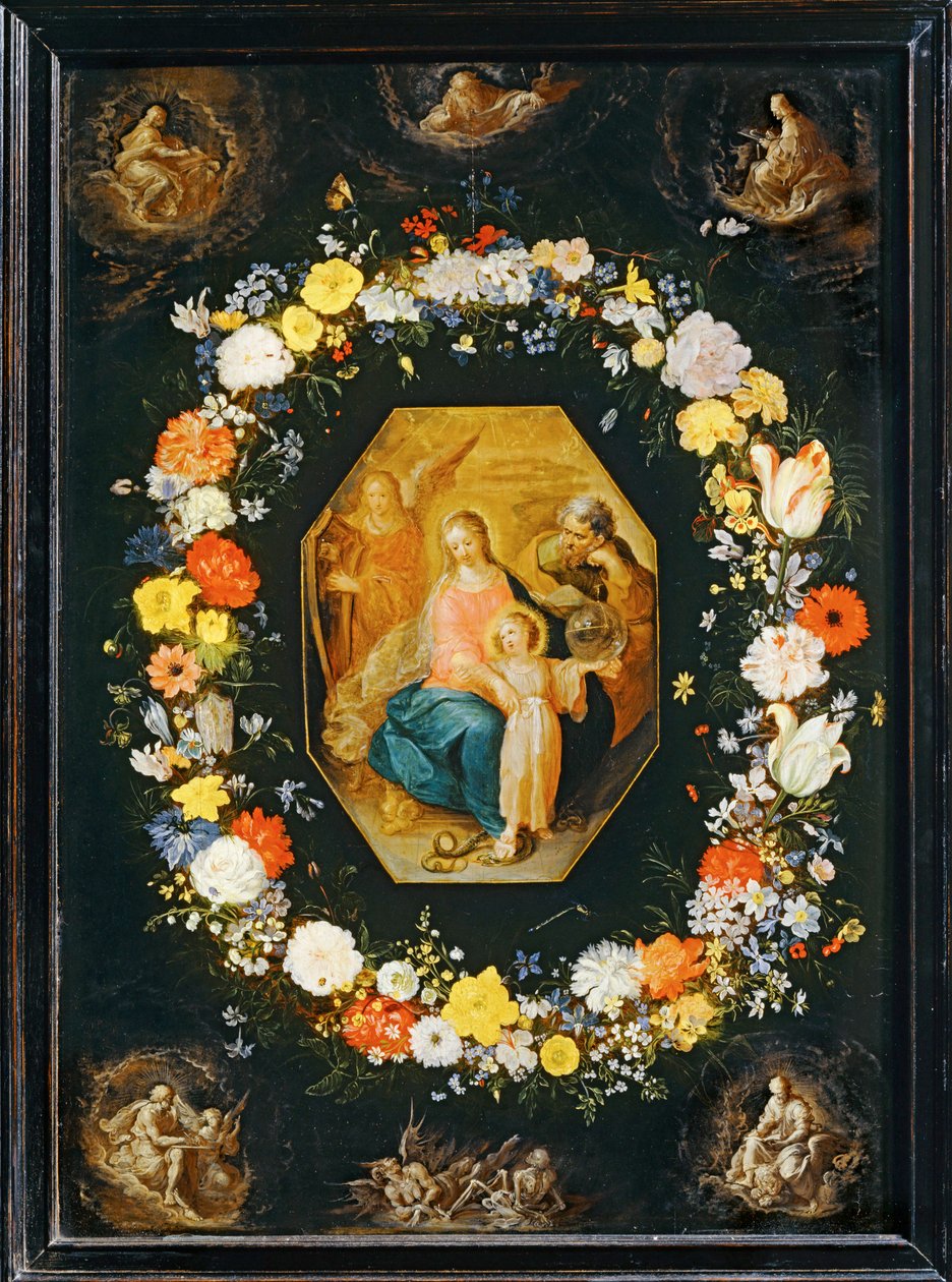 A Sagrada Família rodeada por uma grinalda de flores ... de Frans II the Younger Francken