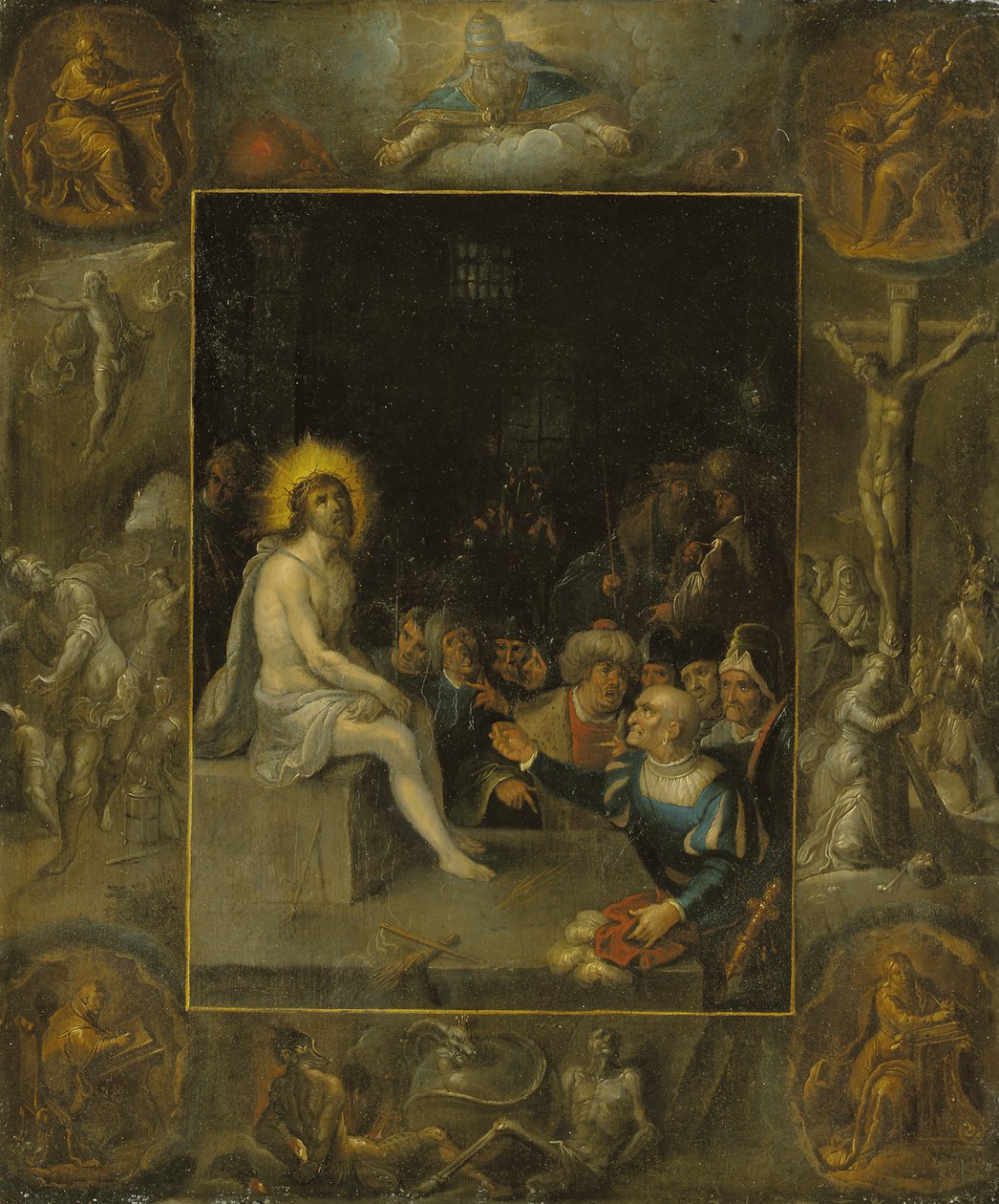 A zombaria de Cristo, em um ambiente sombrio representando Deus, o Pai, os evangelistas, a crucificação, a ressurreição e o diabo e a morte com a serpente coroada de Frans II the Younger Francken
