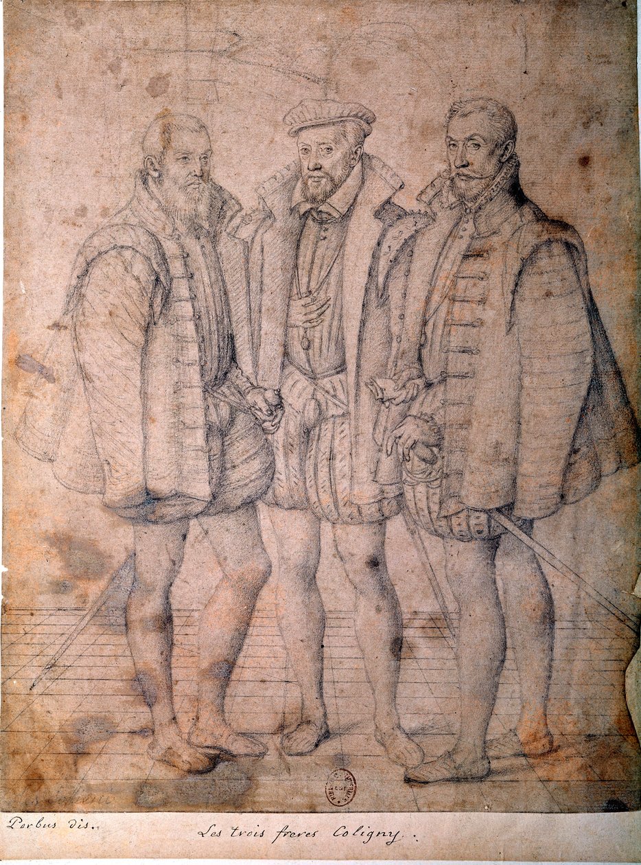 Retrato dos três Coligny: Cardeal Odet (1515-1571), Gaspard (1517-1572), Almirante de França e François (1521-1569), Senhor de Andelot. Desenho atribuído a Frans (François (Franz) Pourbus l