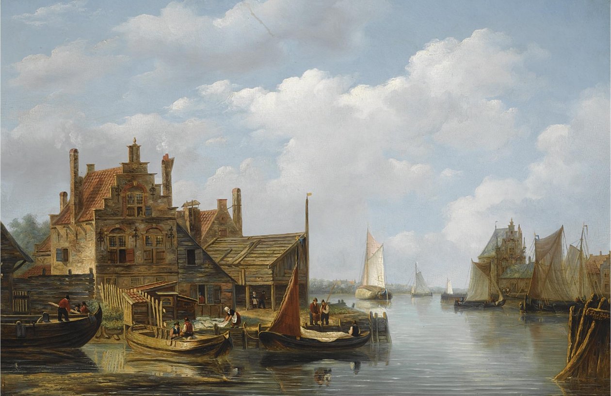 Vista de uma aldeia ribeirinha de Frans Jacobus van den Blijk