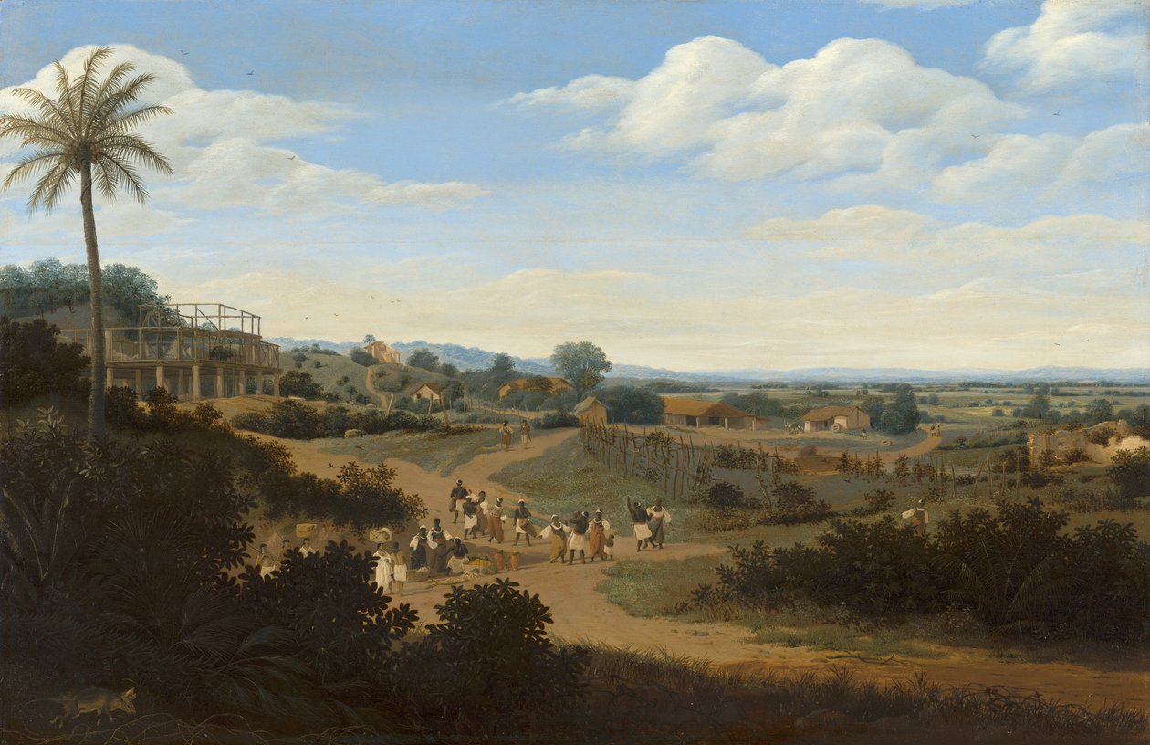 Paisagem brasileira com uma casa em construção, c.1655-60 (óleo sobre painel) de Frans Jansz Post