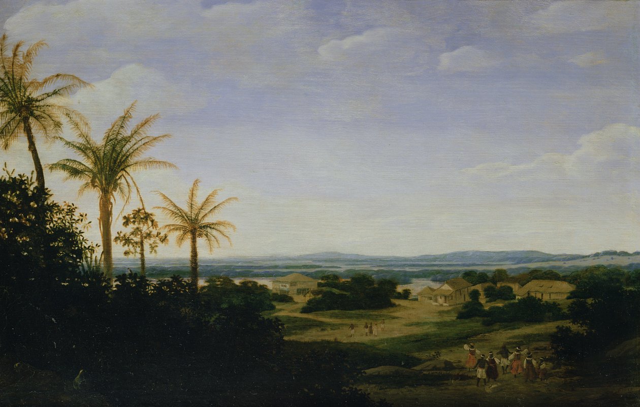 Paisagem brasileira com a residência portuguesa, a Igreja e a Casa Granda, o rio Varzea além de Frans Post