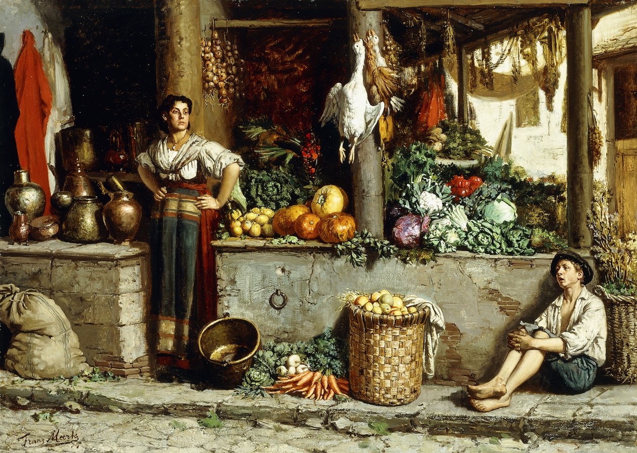 Um mercado de vegetais; Um mercado de vegetais, 1874 de Frans Meerts