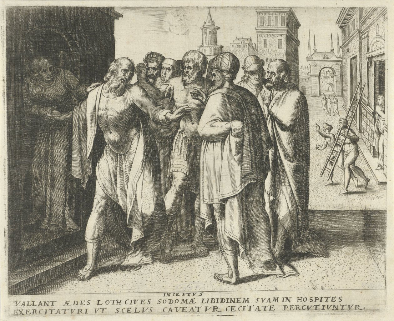 Ló adverte a multidão a se acalmar Incestus (título no objeto) História do Destino (título da série) de Frans Menton