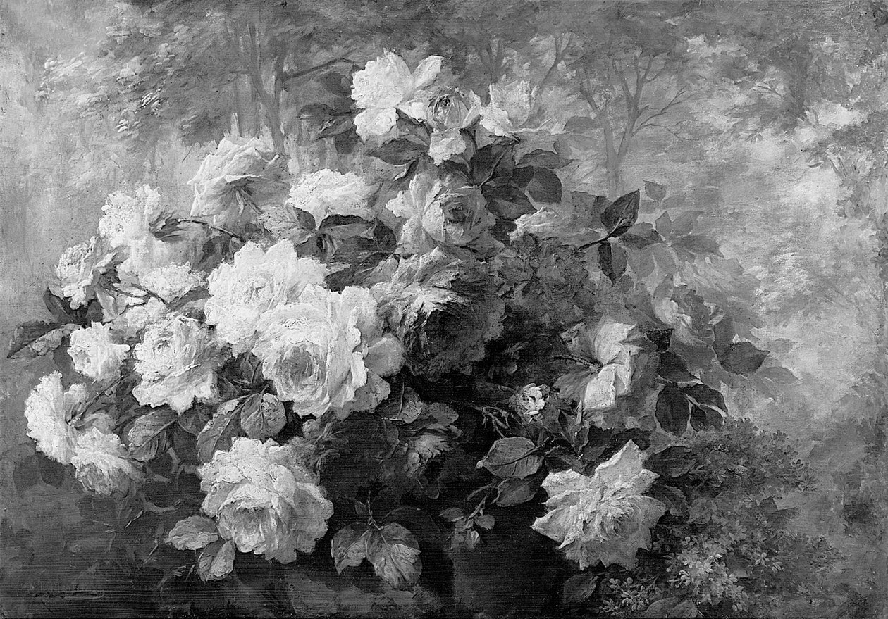 Um ramo de rosas em uma paisagem arborizada (óleo sobre tela) de Frans Mortelmans