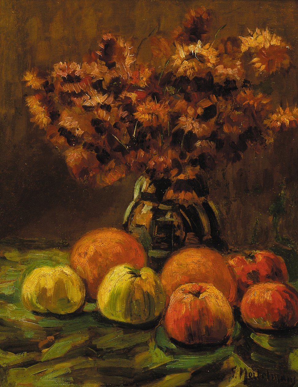Maçãs, laranjas e um vaso de flores em uma mesa (óleo no painel) de Frans Mortelmans