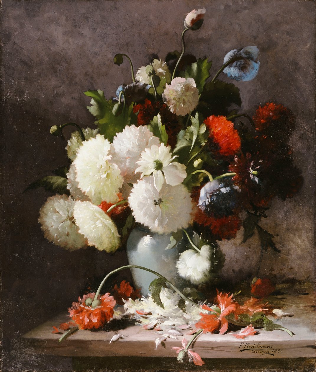 Peônias em uma borda de pedra de Frans Mortelmans