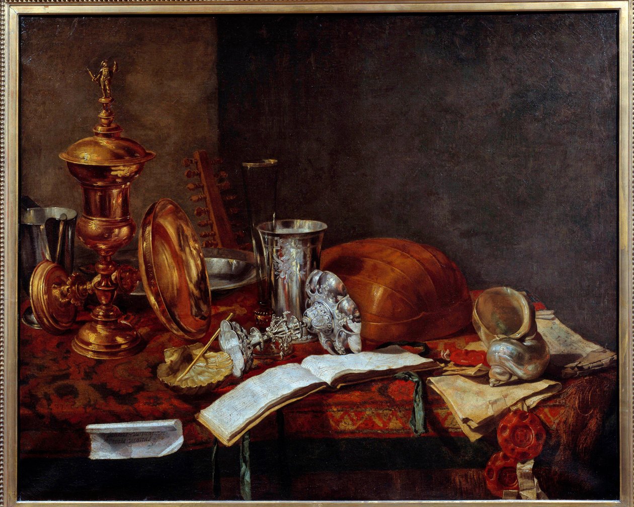 Still Life with Art Objects (Copper Cup, prataria, alaúde) Pintura de Franz (Frans) Ryckhals (1600-1647) Dunquerque do século XVII, Musee des Beaux Arts de Frans Ryckhals
