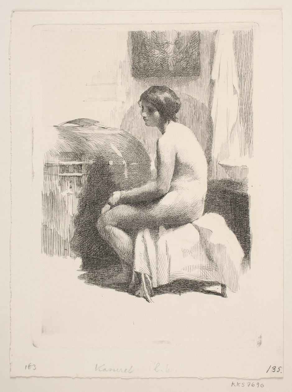Modelo feminino nu, sentado em uma sala de Frans Schwartz