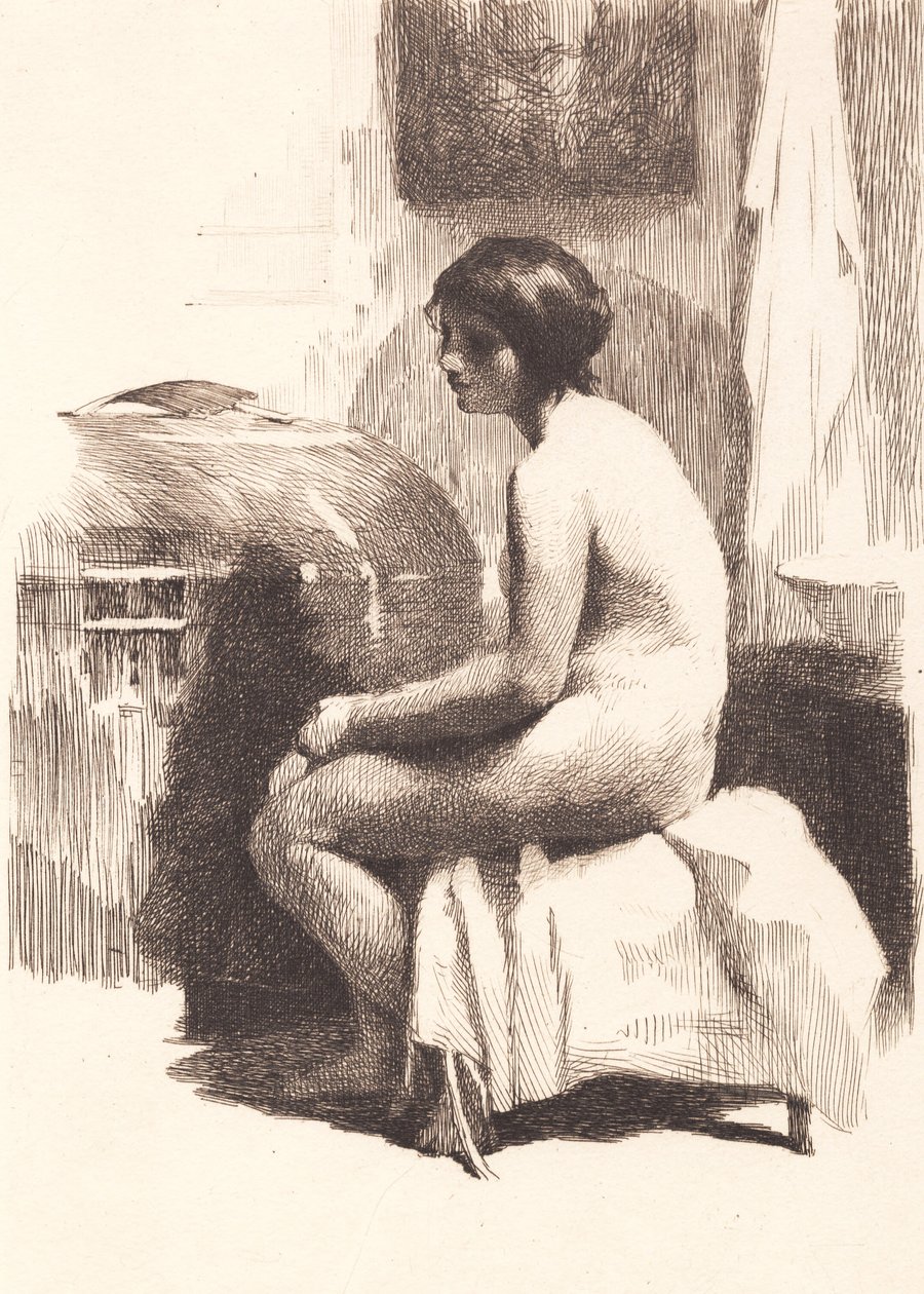 Modelo feminino nu, sentado em uma sala de Frans Schwartz