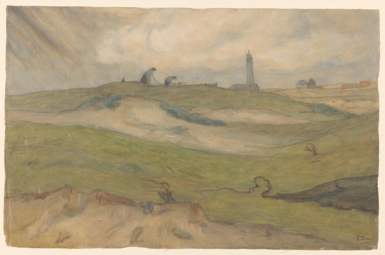 Paisagem dunar com farol e netmen de Frans Alexander Evert Lodewijk Smissaert