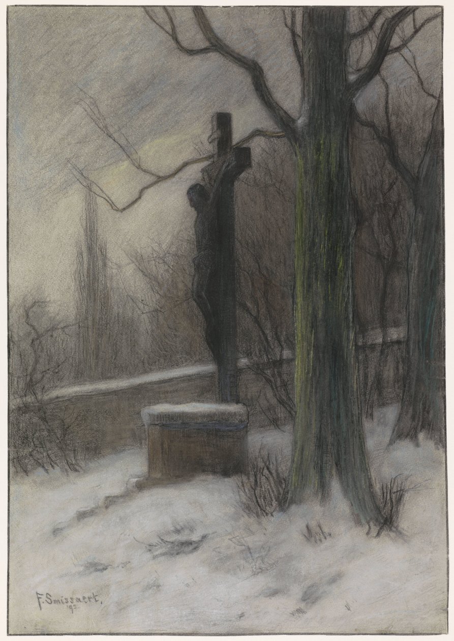Crucifixo numa floresta nevada de Frans Alexander Evert Lodewijk Smissaert