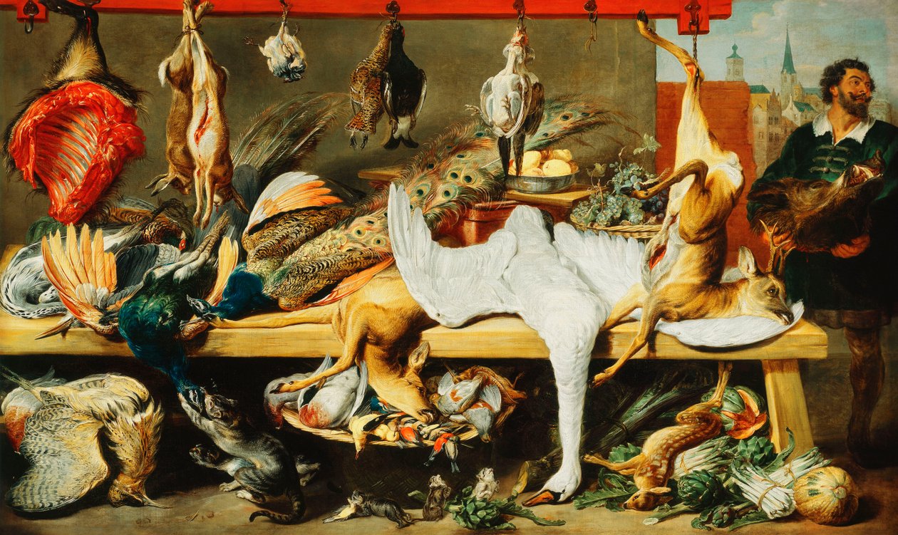 Um açougue com gatos e gatinhos brincando e um açougueiro segurando a cabeça de um javali de Frans Snyders or Snijders
