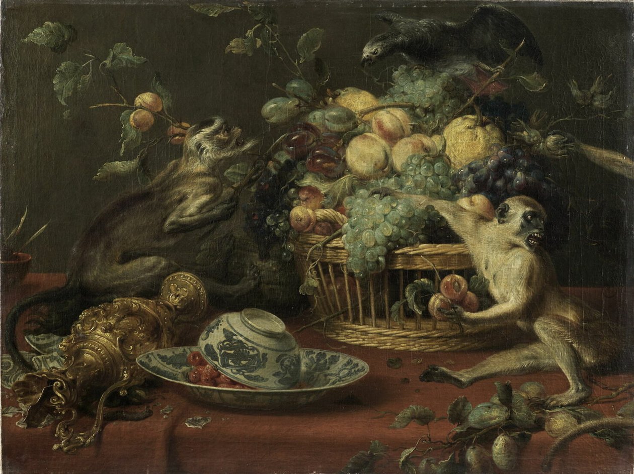 Macacos e papagaio perto de um cesto de fruta de Frans Snyders