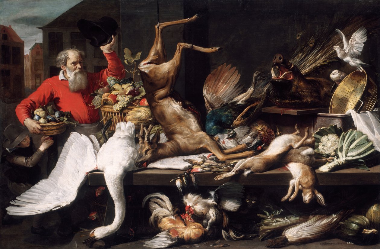 Natureza Morta com Caça Morta, Frutas e Legumes num Mercado de Frans Snyders