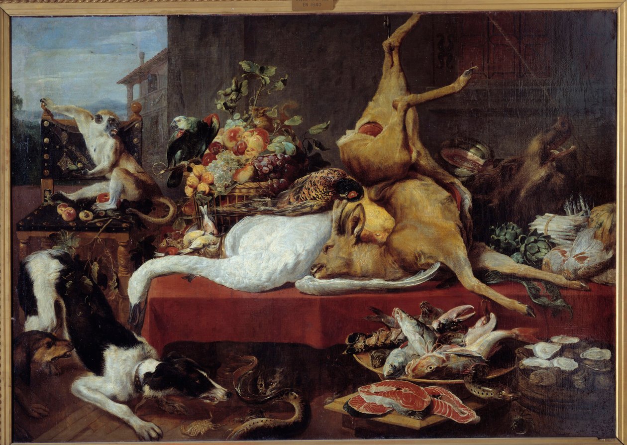 Natureza morta com veados Caça (faisão, ganso, veado), fatia de peixe, caranguejo, legumes. pintura de Frans Snyders (1579-1657) de Frans Snyders