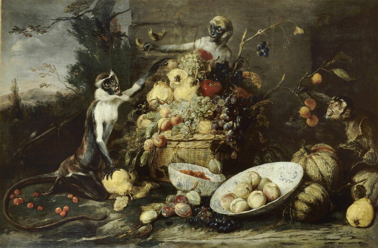 Três macacos a roubar frutos, com vista para uma paisagem de Frans Snyders