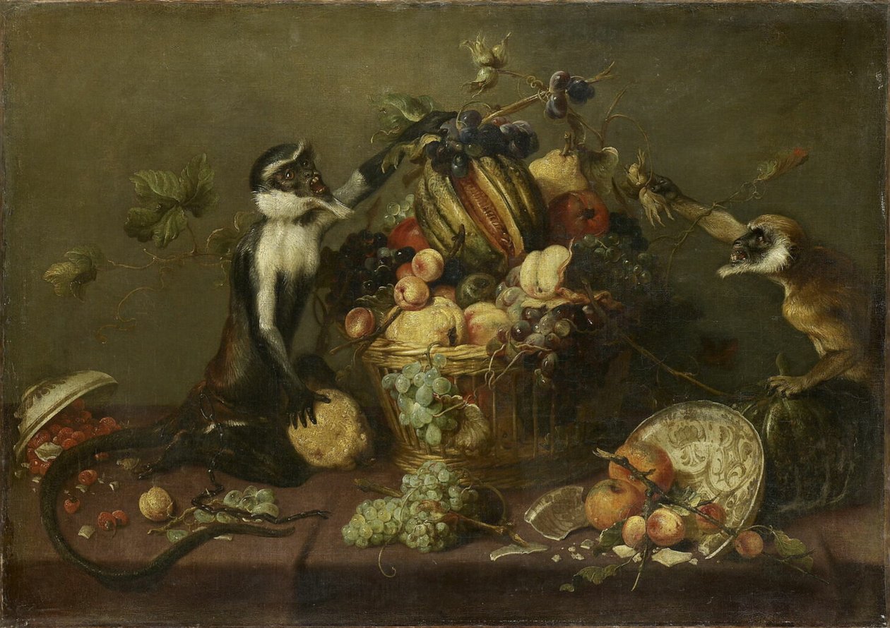 Dois macacos a assaltar um cesto de fruta de Frans Snyders