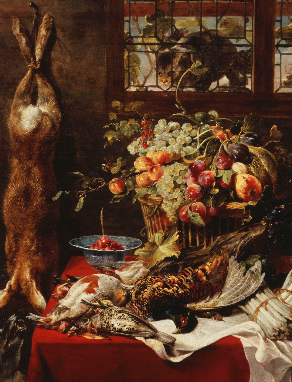 Uma despensa ainda vida com frutas, caça e um gato perto de uma janela, de Frans Snyders or Snijders