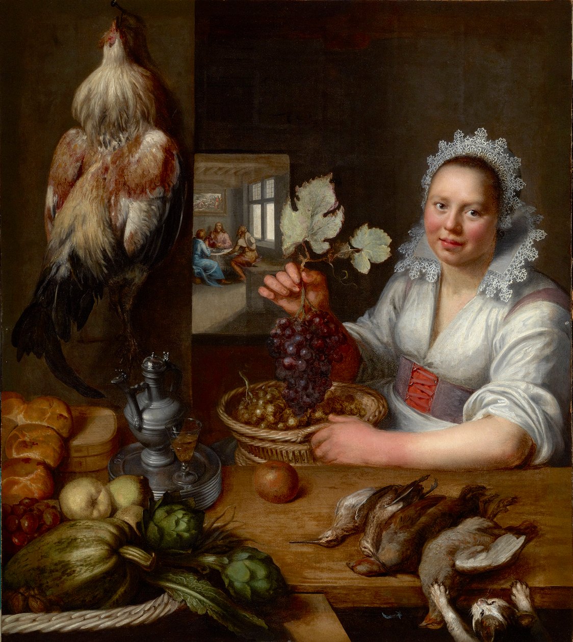 Scene de cuisine avec scene du Christ a Emmaus - Cena da cozinha com Cristo em Emaús, de Snyders (Snijders), Frans (1579-1657). Óleo sobre tela, Entre 1615 e 1620. Dimensões: 114,5x102 cm. Muzeul National Brukenthal, Sibiu de Frans Snyders or Snijders