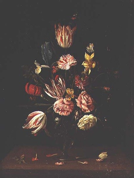 Túlipas, rosas, uma íris e um narciso de Frans Ykens