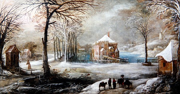 Uma Paisagem de Inverno com Figuras e Cavalos (óleo sobre tela) de Frans de Momper