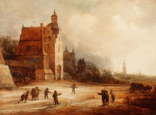 Soldados jogando skittles em uma estrada, Breda além de Frans de Momper