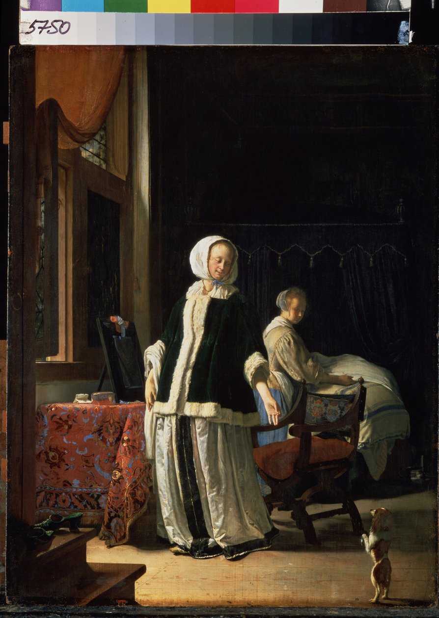 A manhã de uma jovem. (Manhã de uma jovem senhora). Uma mulher e sua empregada observam um cachorro se arrumando. Pintura de Frans van Mieris de Oudere conhecido como Frans Mieris, o Velho ou o Velho (1635-1681), cerca de 1660. Óleo sobre madeira. arte hol de Frans van Mieris