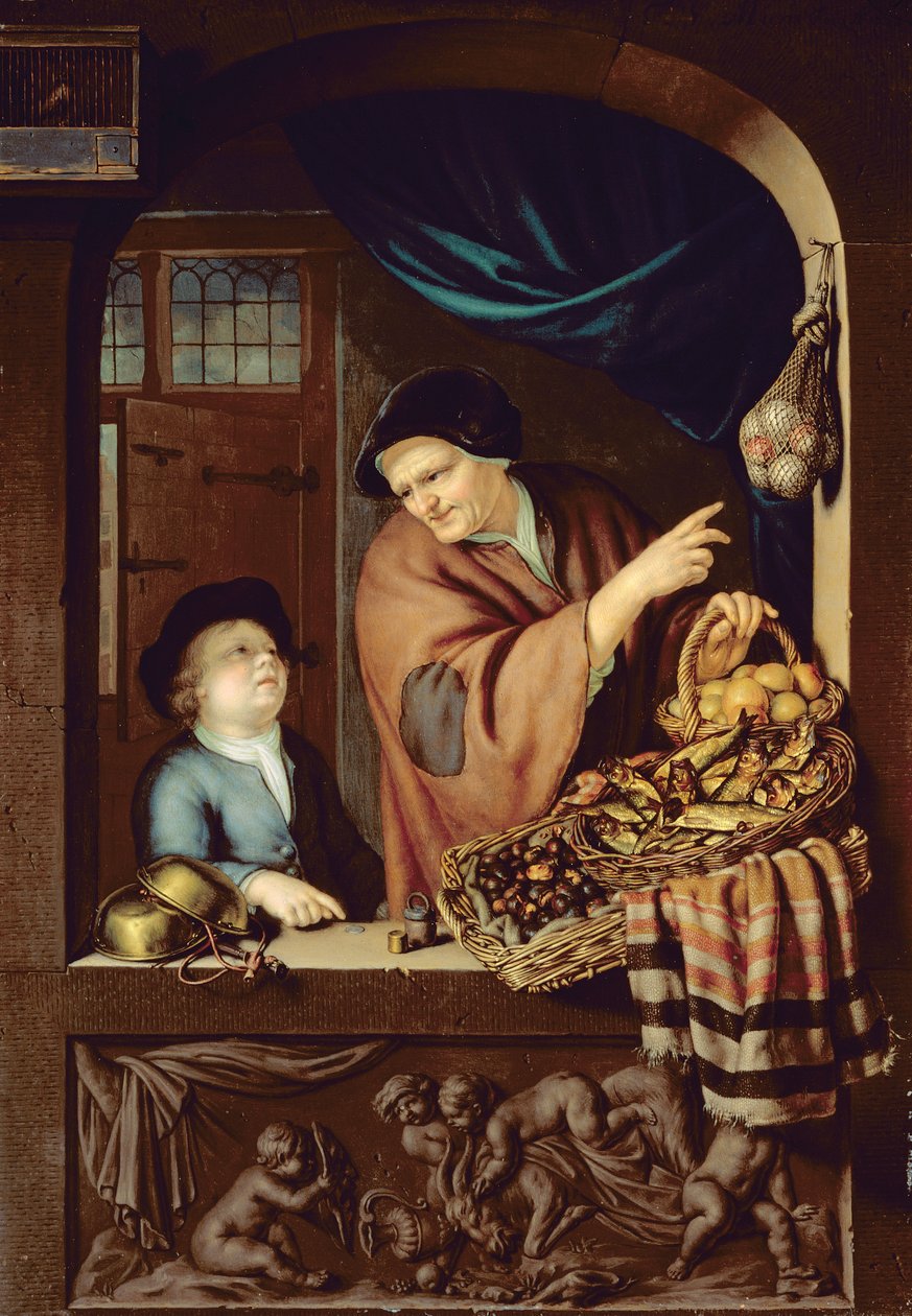 O Chesnut e Kipper Vendedor, 1722 (óleo em carvalho) de Frans van Mieris