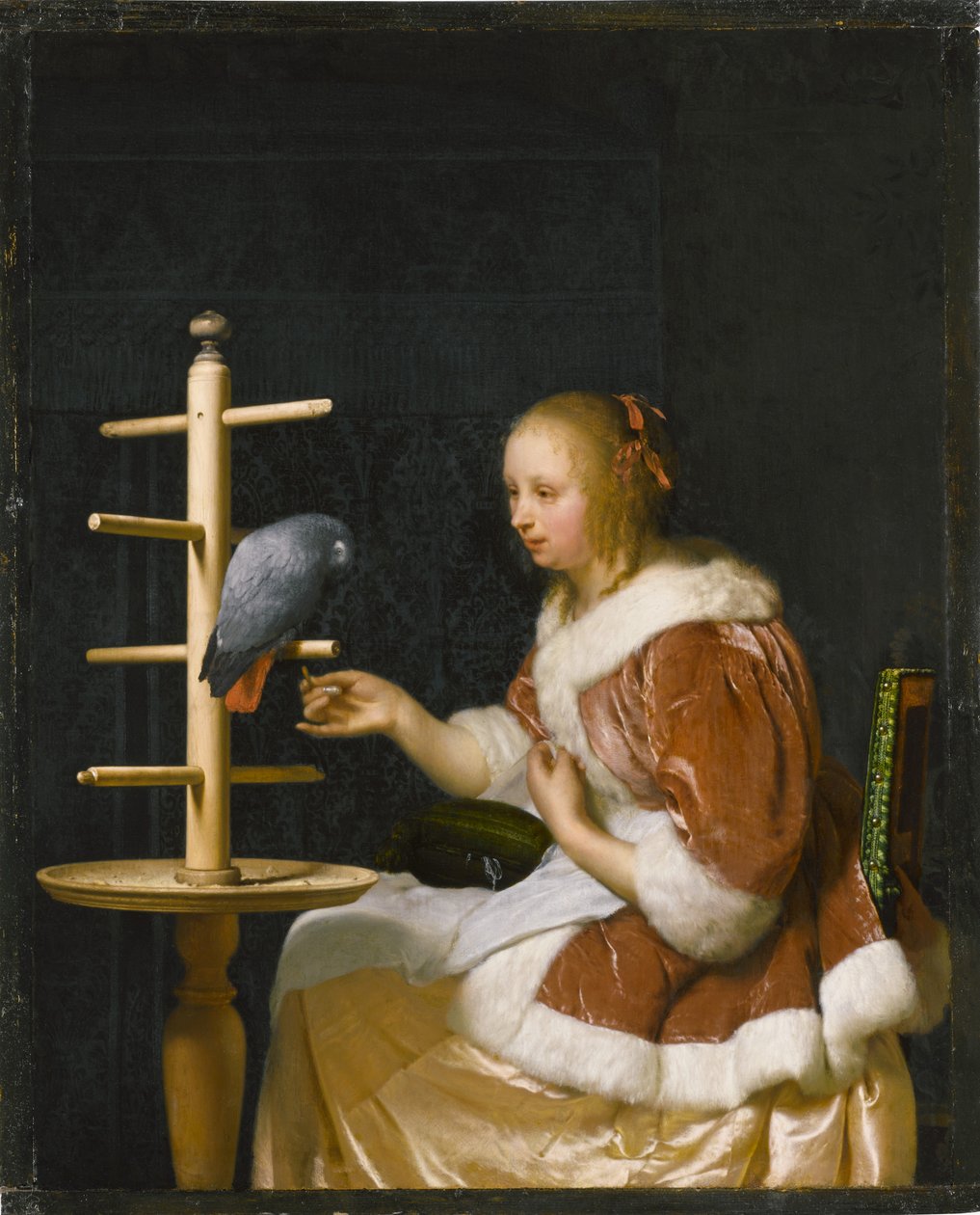 Jovem mulher alimentando um papagaio, 1663. de Frans van Mieris the Elder