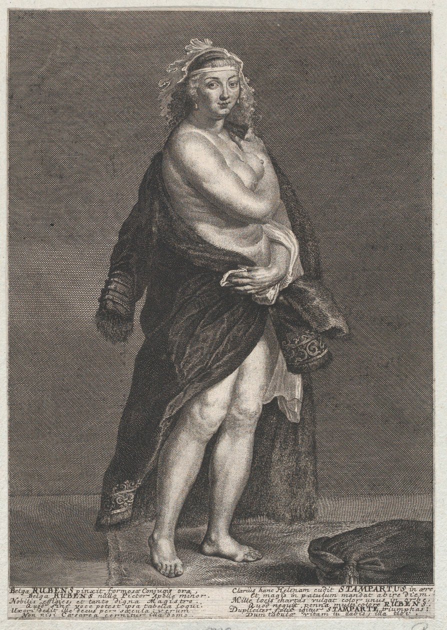 Retrato de Helena Fourment, segunda esposa de Rubens, com casaco de pele sobre os ombros, 1728., 1728 de Frans van Stampart