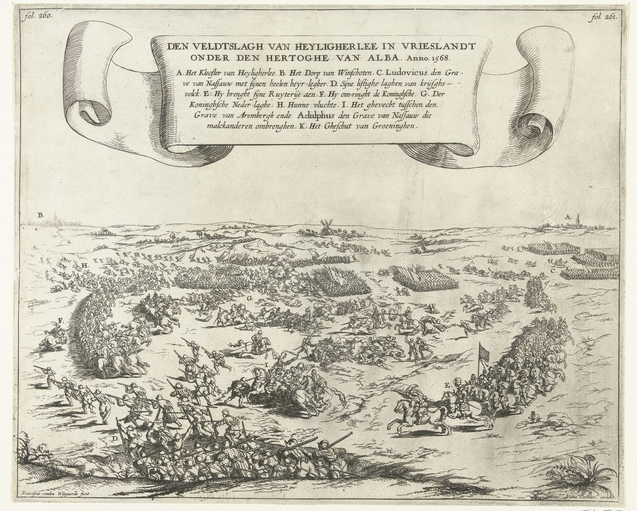Batalha de Heiligerlee, 1568 A batalha de Heyligherlee em Vrieslandt sob o duque de Alba. Anno 1568 (título no objeto) de Frans van den Wijngaerde
