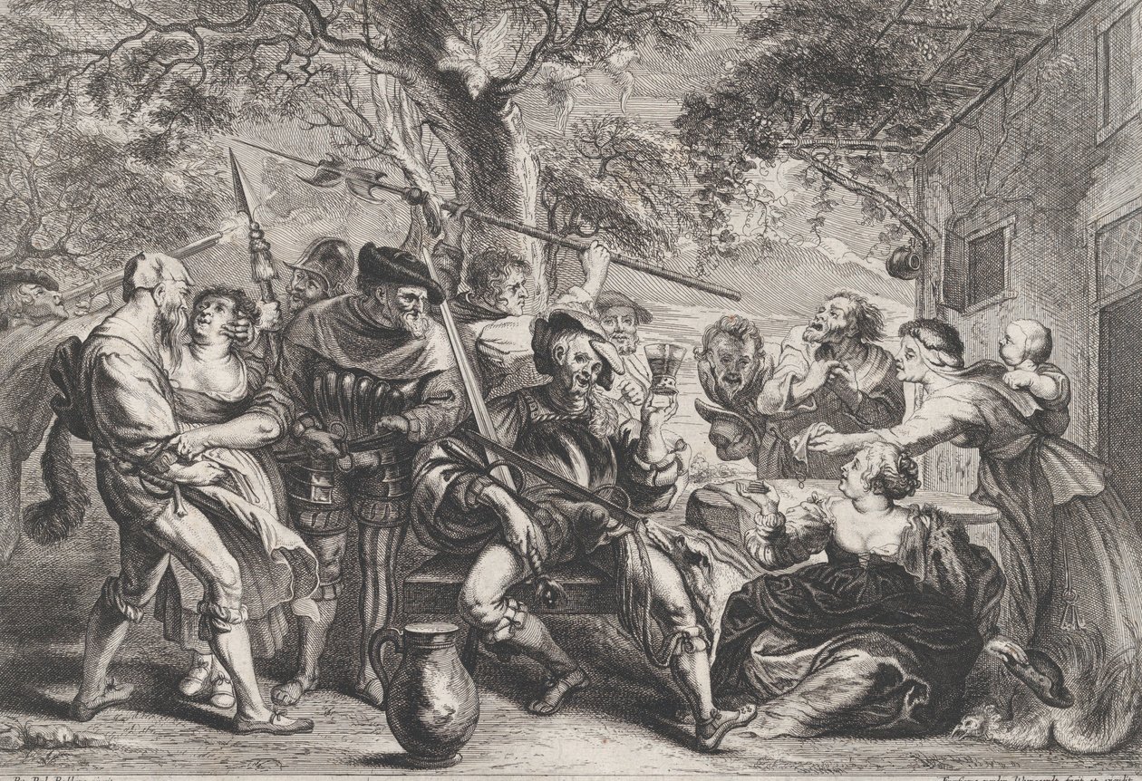 Dom Quixote e tropas de La Santa Hermandad fora de uma taverna, ca. 1635-79. de Frans van den Wyngaerde