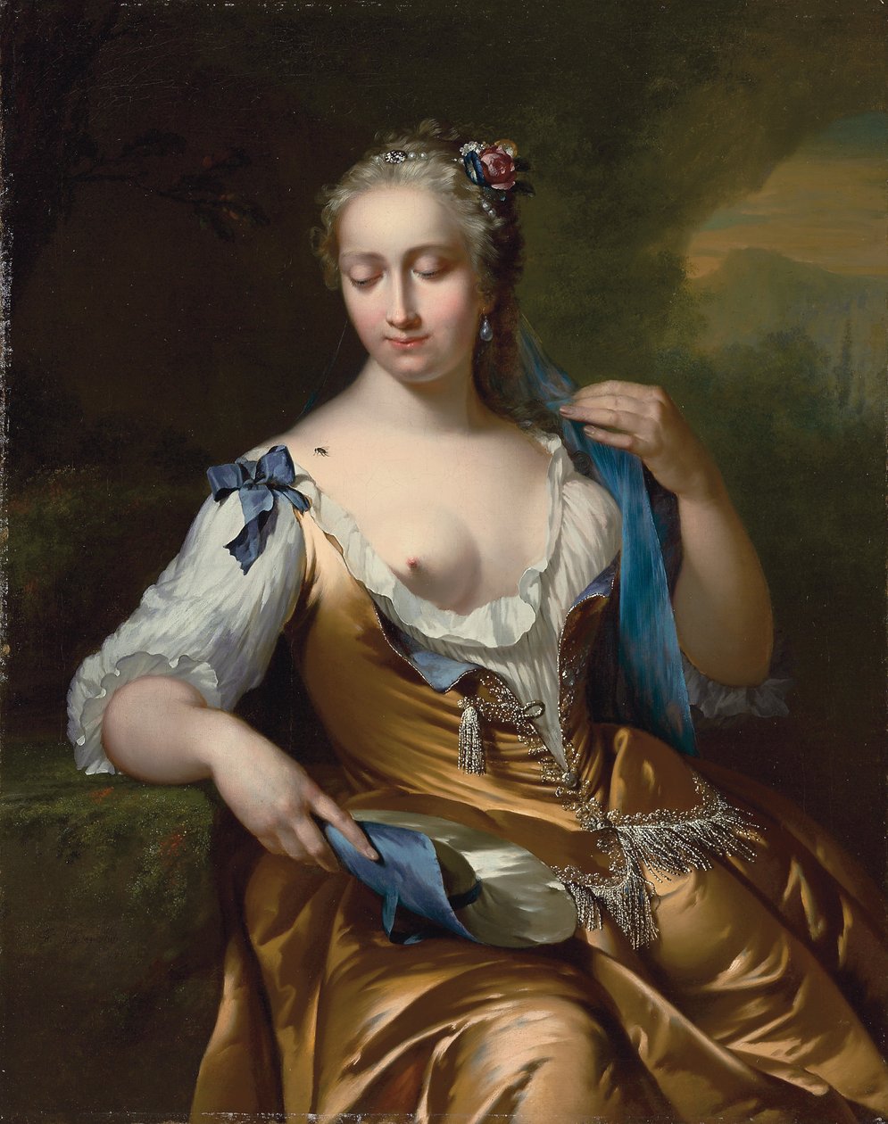 Senhora em uma paisagem com uma mosca no ombro: uma alegoria do toque, 1742 de Frans van der Mijn