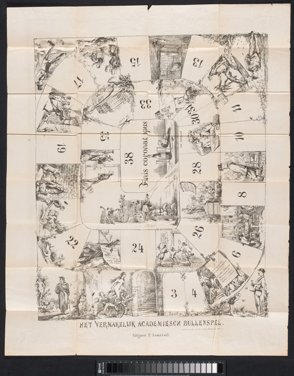 Cartoon no almanaque estudantil de Leiden, 1874 O divertido jogo de bullying acadêmico (título no objeto) de Fransen van de Putte