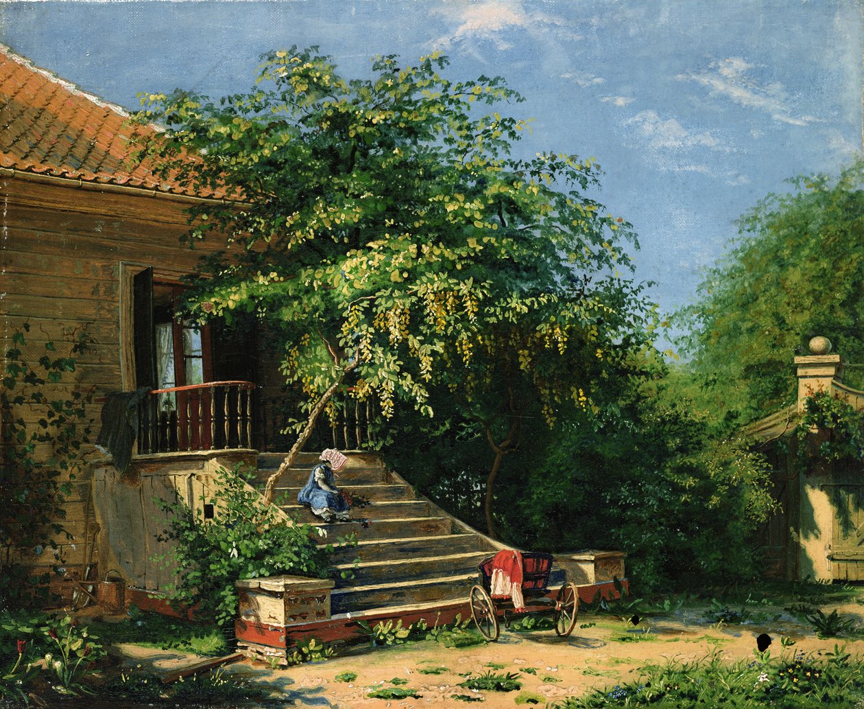 Escada de jardim por lagoa Blege (óleo na tela) de Frants Diderik Boe