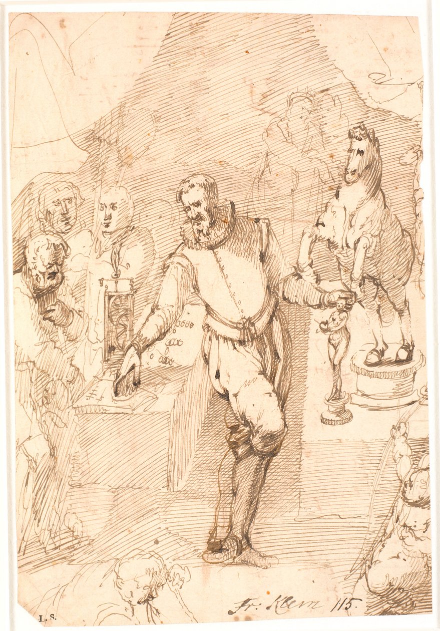 Homem de pé em traje do século XVI, no quarto, entre duas mesas com esculturas e um relógio, moedas etc. e outras sete ou oito pessoas de Frantz Cleyn
