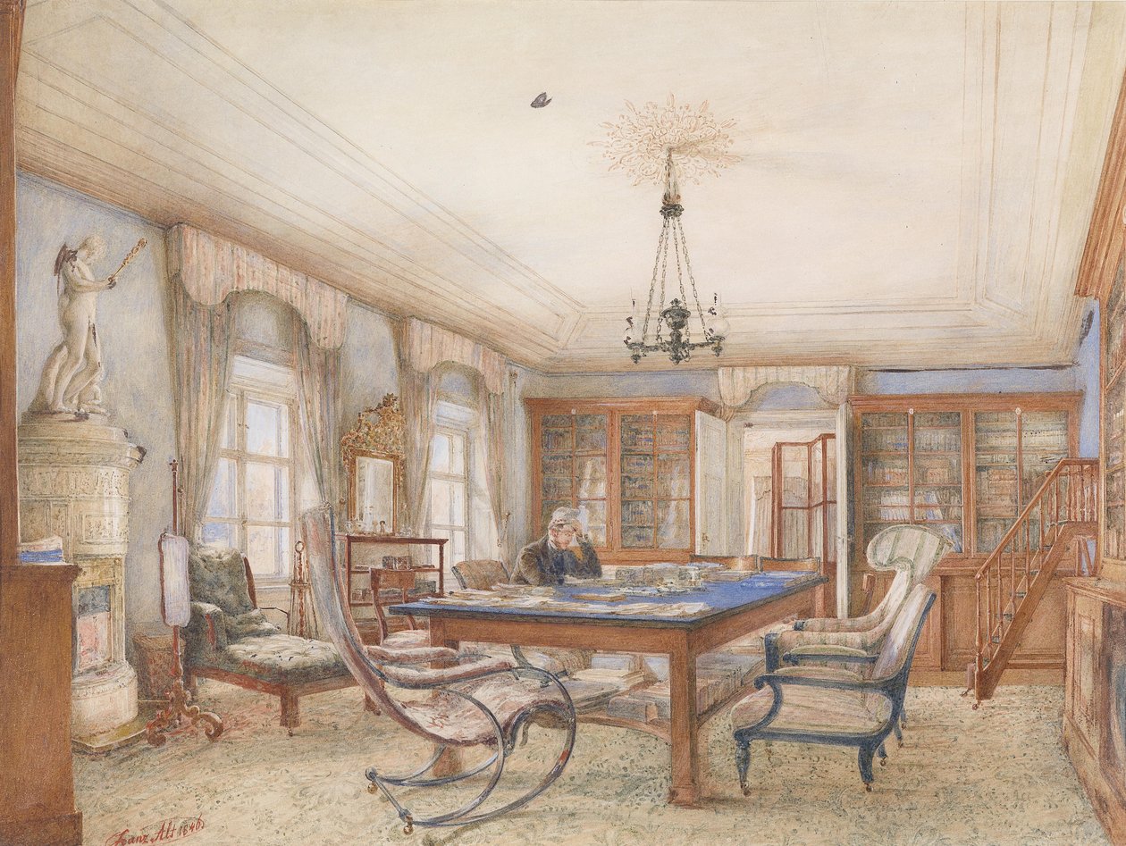 Biedermeier interior com um homem sentado em uma mesa de Franz Alt