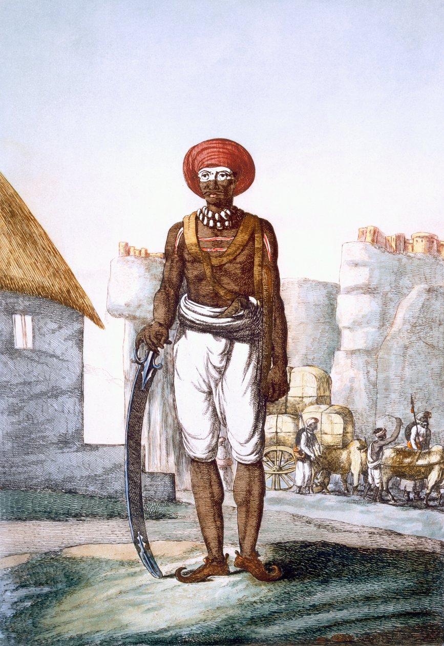 Guarda armada da tribo Brijbasis, freqüentemente usada pelos viajantes como escolta, de "Os Hindus, ou a Descrição de Suas Maneiras, Costumes e Cerimônias, c.1808-12 (gravura colorida à mão) de Franz Balthazar Solvyns