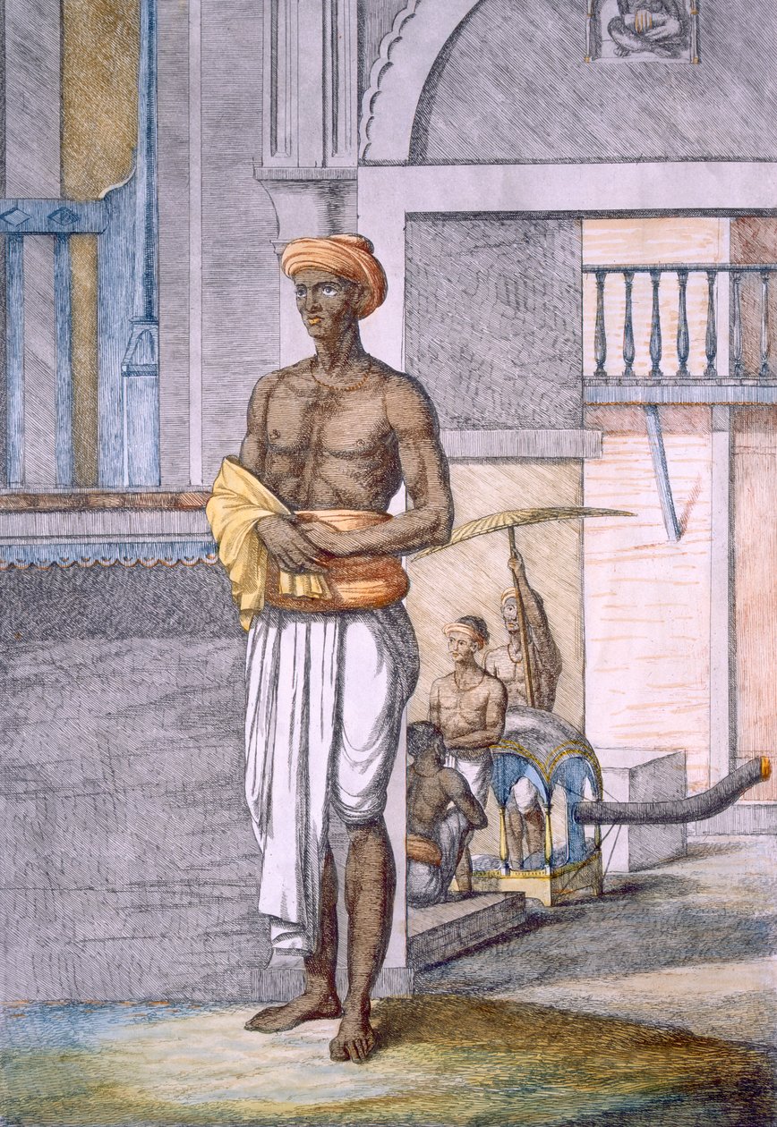 Bengali servindo como porteiro com um táxi de palanquim ao fundo, de "The Hindus, ou a descrição de suas maneiras, trajes e cerimônias", c.1808-12 (gravura colorida) de Franz Balthazar Solvyns