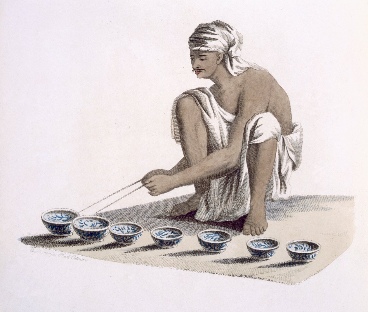 Jultrung: jogando em taças de porcelana de diferentes tamanhos para produzir um som semelhante a uma gaita, de &39;Costumes of India&39; de E. Orme, 1804 (gravura colorida) de Franz Balthazar Solvyns
