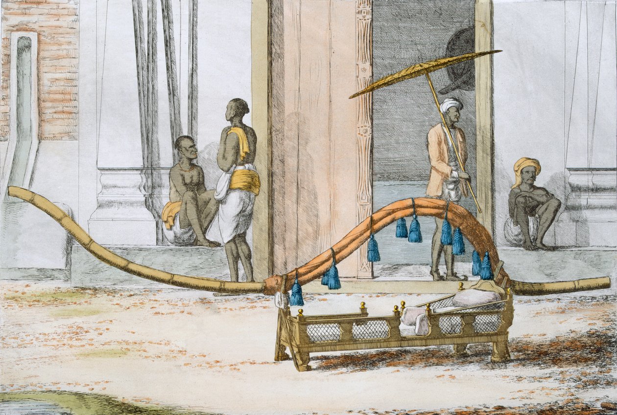 T&39;chanpal, palanquim reclinável com portador curvo e tasselado, de &39;As maneiras, costumes e vestidos dos hindus&39;, 1799 (gravura colorida) de Franz Balthazar Solvyns