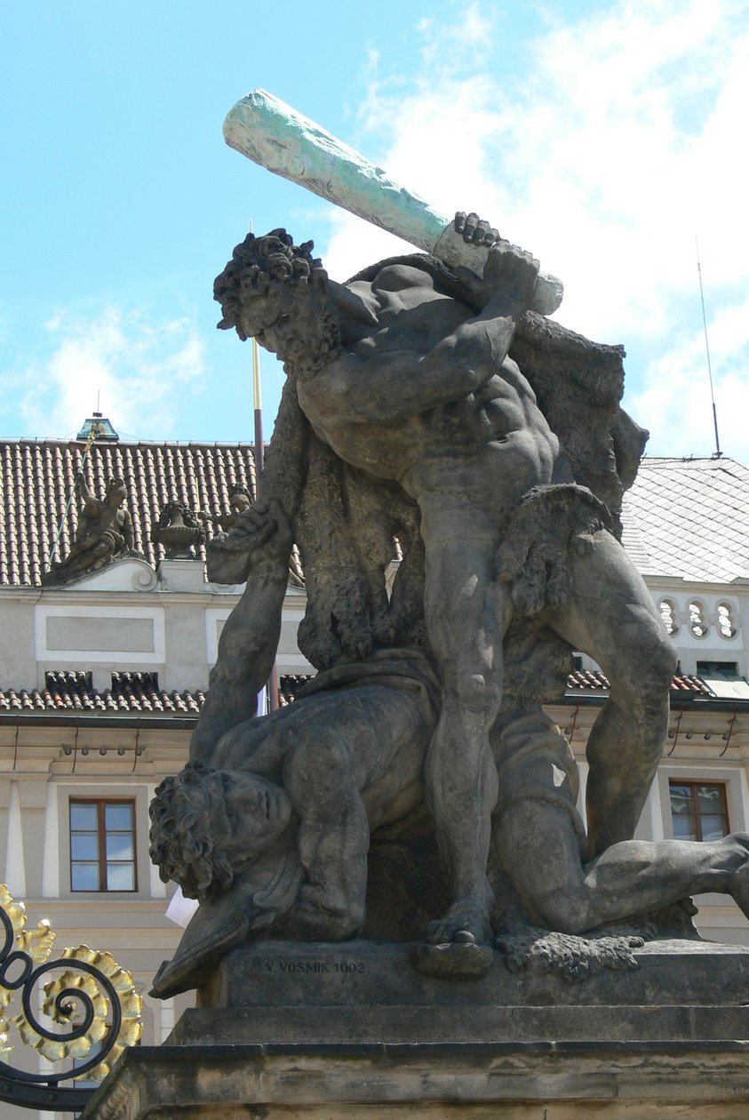 Estátua, de, luta, gigantes, exterior, castelo praga, e, palácio presidencial, Hradcany, 1º, pátio, 1768, pedra de Franz Ignaz Platzer