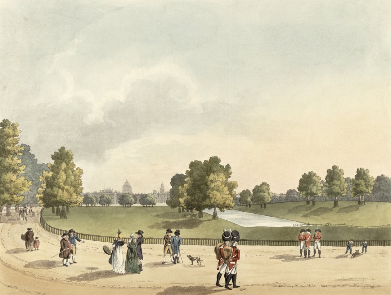 Uma vista no parque do St. James dos protetores de cavalo e do St. Pauls, tomados da casa de Buckingham, gravada por Heinrich Joseph Schutz (1760-1822), bar. pela Galeria Ackermann, 1809 (aquatinta) de Franz Joseph Manskirch