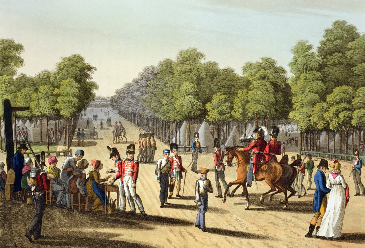 Acampamento do exército britânico no Bois de Boulogne, 1815, gravado por Matthew Dubourg (fl.1813-20) de "anedotas históricas, militares e navais", bar. por Edward Orme (1774-c.1820) 1817 (aquatinta) de Franz Joseph Manskirch