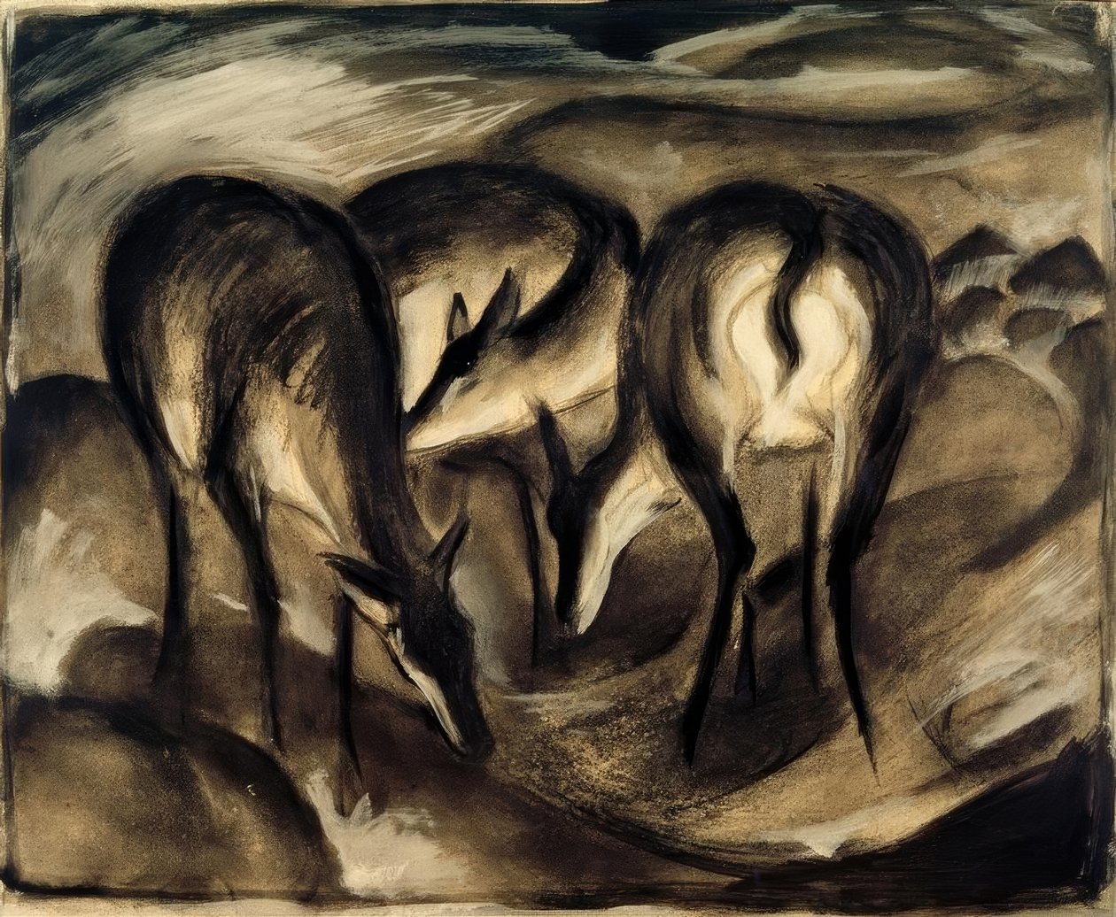 Veado na primavera (três veados) de Franz Marc