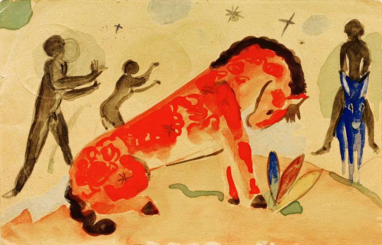 Cavalo vermelho com figuras negras de Franz Marc